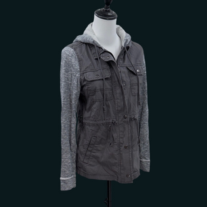 3/$25 Mudd Gray Size S Zip Up Utility Jacket with Hood and Adjustable Waist